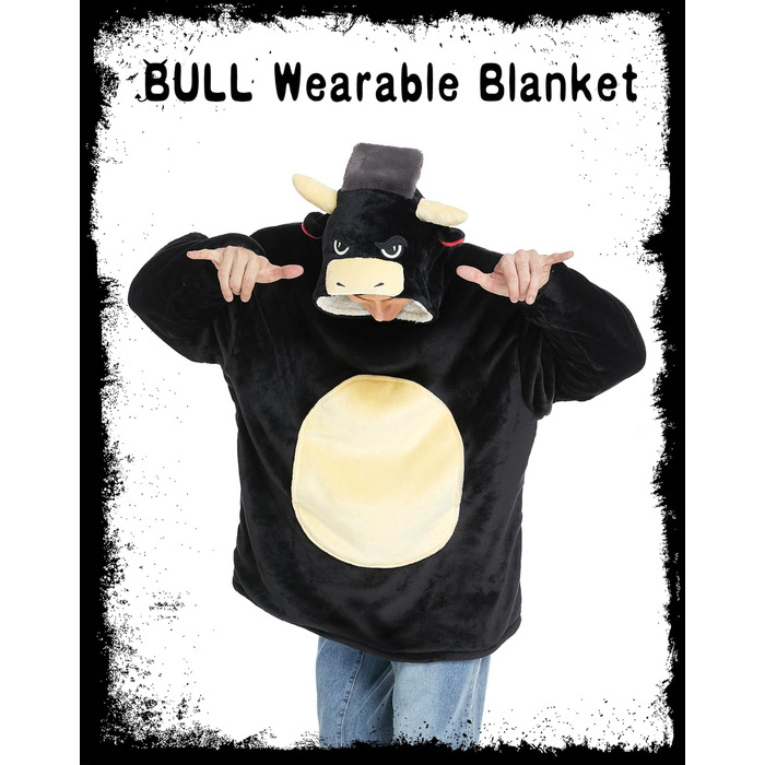 Костюм бика dressfan, худі, карнавальний костюм на Хелловін, тепла м&39яка портативна ковдра з мікрофібри та шерпи з рукавами та капюшоном для жінок та чоловіків, чорний, один розмір
