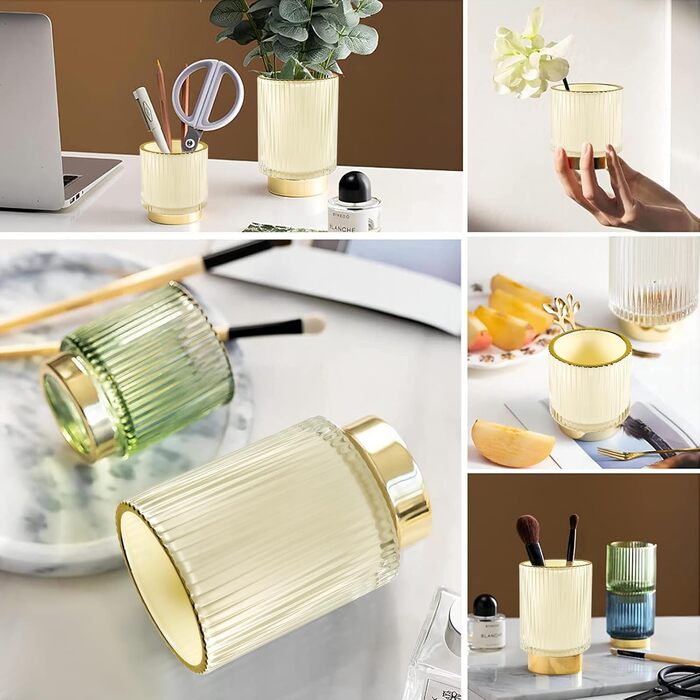 Органайзер для пензлів для макіяжу DASITON, золотий косметичний органайзер, скляний органайзер для пензлів, тримач для косметичних пензлів, тримач для пензлів для макіяжу, зберігання пензлів для спальні, ванної кімнати (кремовий розмір SL) SL кремовий