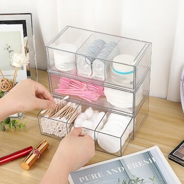 Акрилова коробка для зберігання з 3 шухляд, штабелюваний органайзер для косметики, прозора шухляда зі знімними роздільниками для ювелірних виробів, товарів для здоров&39я, кавових капсул, канцелярського приладдя