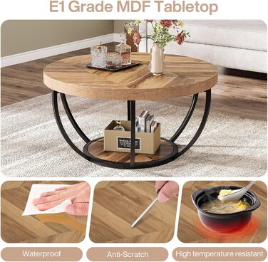 Круглий журнальний столик Tribesigns, промисловий 2-рівневий круглий журнальний столик з полицями для зберігання, сучасний дерев&39яний акцентний центральний столик, диван, бічний столик для вітальні, домашній офіс з деревним рисунком