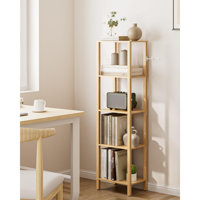 Книжкова полиця, вузька полиця з 5 полицями, кухонна полиця з відкритими полицями, 38 см x 27 см x 136 см, окремостояча полиця для вітальні, офісу, кабінету, дуб, 5 полиць