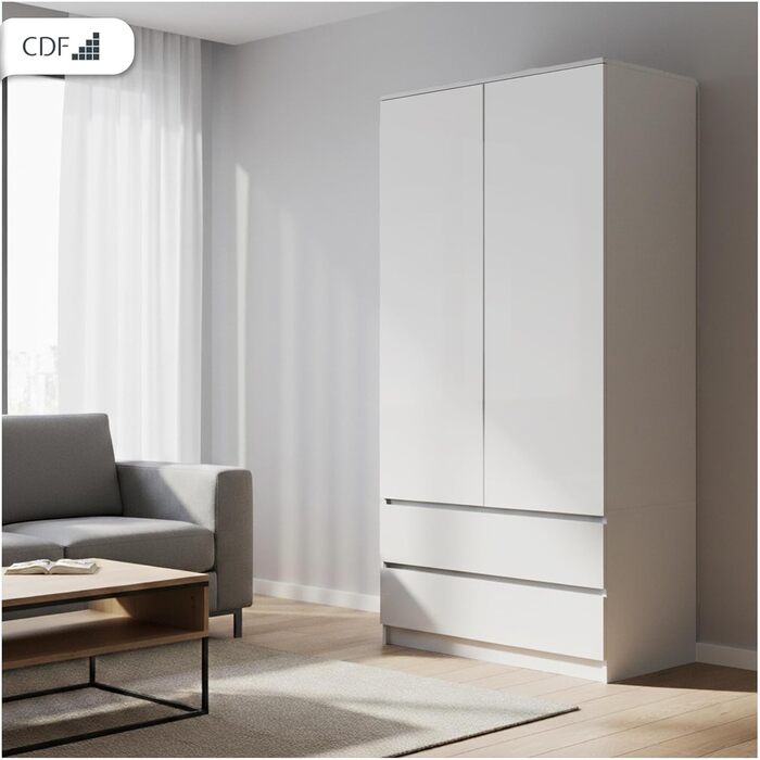 Шафа CDF Біла, ширина 90 см, дитяча кімната, спальня, 2 шухляди, 2-дверна шафа, сучасний вигляд, все для складання в комплекті, одяг, іграшки, біла, без дзеркала