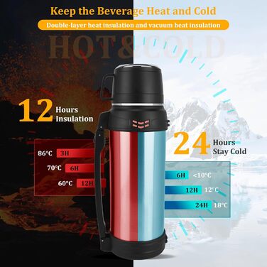 Вакуумно-ізольована пляшка місткість 2 л, металева пляшка для води з нержавіючої сталі для гарячих та холодних напоїв, термопляшка з чашкою без бісфенолу А, портативна дорожня пляшка для води з ручкою для перенесення, 2000 мл