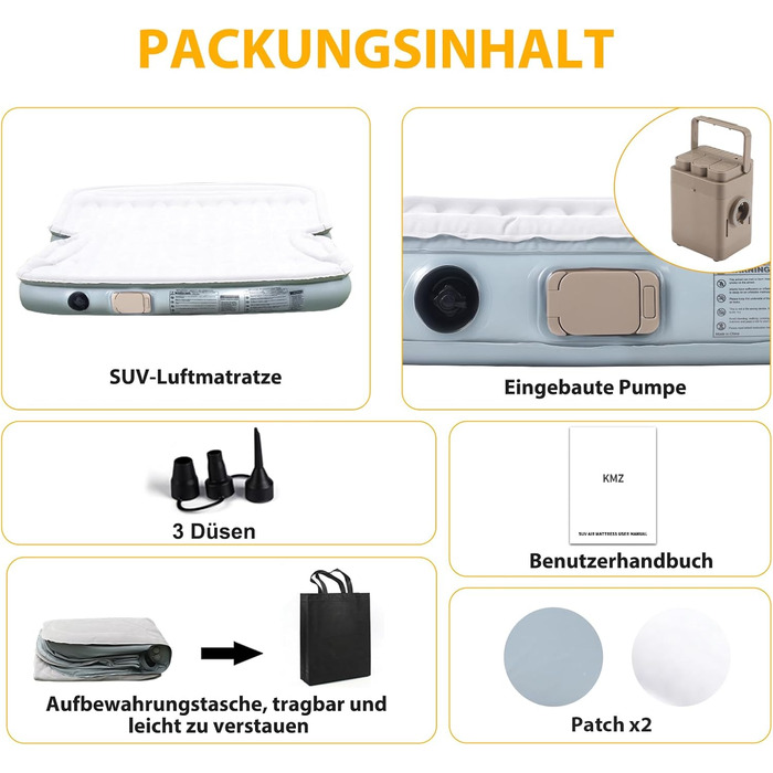 Надувний матрац KMZ SUV із вбудованим електричним насосом - потовщений та флокований матрац для подорожей та кемпінгу - вантажопідйомність 300 кг - сірий