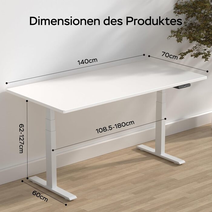 Стіл з регулюванням висоти 140x70 см, цільна стільниця 25 мм, подвійний двигун, 3-рівнева конструкція, інтелектуальне керування з 4 пресетами пам&39яті та 2 USB-портами (білий білий), білий білий 140 см x 70 см