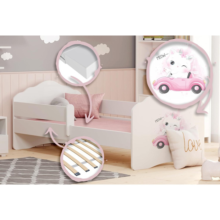 Дитяче ліжко KOBI Fala з захисними поручнями 160 x 80 см Повний комплект дитячого ліжка з матрацом Односпальне дитяче ліжко Ліжка для дівчаток та хлопчиків Сучасне біле дитяче ліжко Дитяча кімната/Спальня