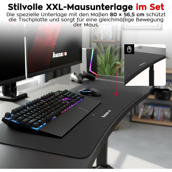 Ігровий стіл huzaro Hero 4.6 RGB - Регульована висота* - Стіл 160x60 см - Поверхня з вуглецевого волокна - Організатор кабелів - Підстаканник та тримач для навушників - ПК-стіл для офісу/домашнього офісу - Чорний RGB