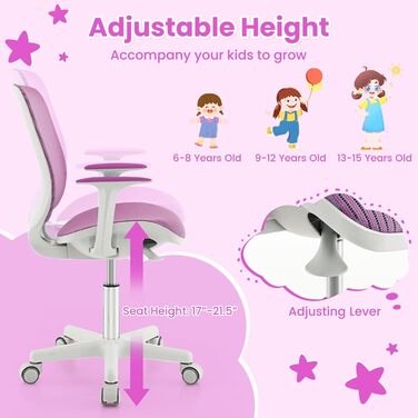 Дитяче офісне крісло FANTASK, регульована висота 43-55 см, поворотне на 360 зі спинкою, підлокітниками та колесами, ергономічне офісне крісло для дітей 6-15 років (фіолетове)