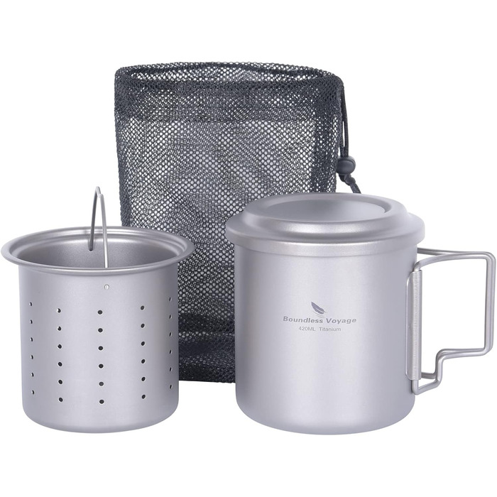 Титанова кружка Boundless Voyage 420 мл з чайним інфузером та кришкою, чашка для кемпінгу на відкритому повітрі з фільтром, легка одношарова кавова кружка зі складною ручкою, портативна, для походів, подорожей, пікніка, посуд для напоїв Ti3054D