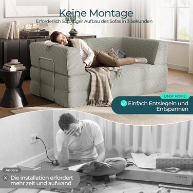 Розкладний диван LINSY HOME - Розкладний диван-ліжко з підлокітником та подушкою для спини - Розкладний диван-ліжко, ширина 160 см - Стиснутий диван у коробці - Вельветова тканина для вітальні, спальні, сірий колір, ширина 1,6 м