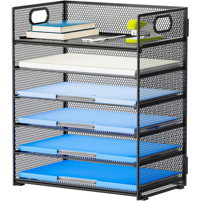 Рівневий органайзер для листів, металевий сітчастий настільний органайзер, сортувальник паперу для листів/папок A4 (чорний) Чорний, 6 рівнів, 6-