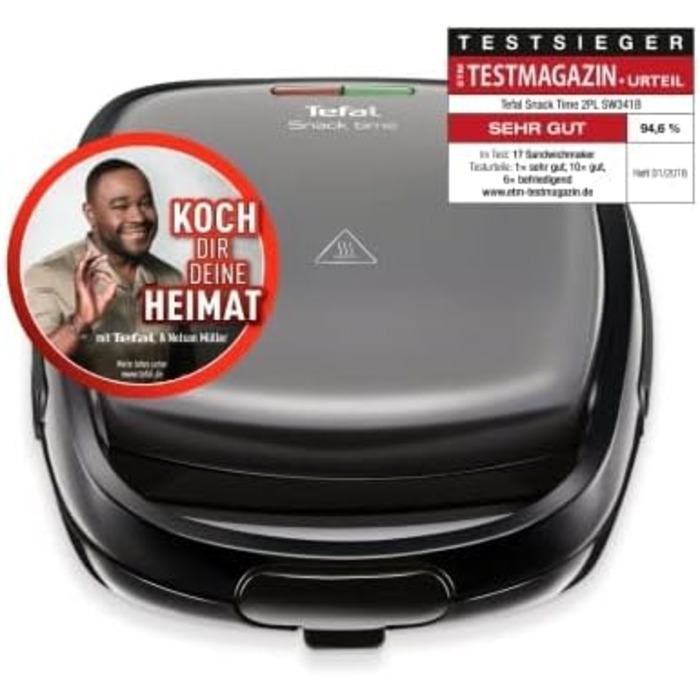 Комбінований пристрій для вафель і сендвічів Tefal SW341B Snack Time 2в1 2 знімні Набори пластин з антипригарним покриттям Можна мити в посудомийній машині Термоізольована ручка 700 Вт Сірий / Чорний