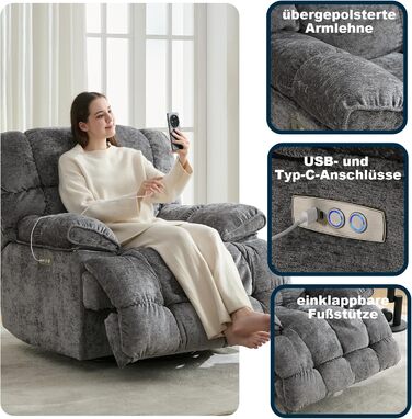 Крісло-гойдалка з функцією відкидання та гойдання, надзвичайно велике електричне крісло для телевізора, надзвичайно широке поворотне крісло-гойдалка, електрично регульований кут нахилу 90-140, порти USB та Type-C, сірий