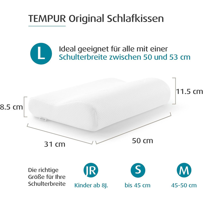 Дитяча подушка TEMPUR Original Junior, ергономічна подушка для підтримки шиї для дітей віком від 8 років, піна з ефектом пам'яті,