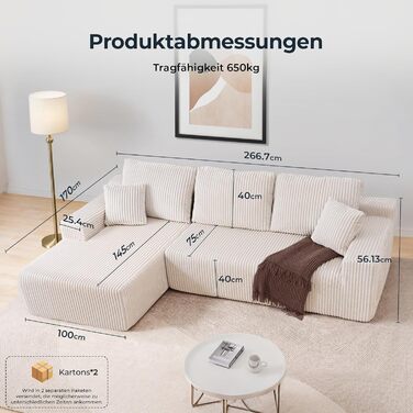 Кутовий диван Cloud, L-подібний модульний кутовий диван з глибоким сидінням, диван без опорних стійок для вітальні та спальні, кремова вельветова оббивка, лівий шезлонг бежевого кольору, 105&39