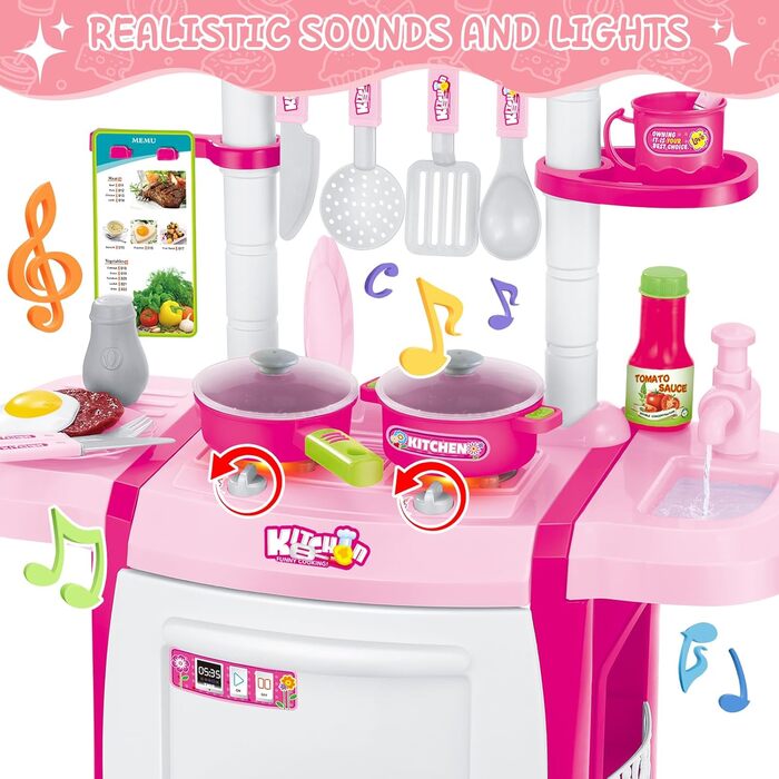 Мініатюрний кухонний набір deAO My Little Chef, рольова гра зі світлом і звуками, елементами води та 18 аксесуарами (рожевий)