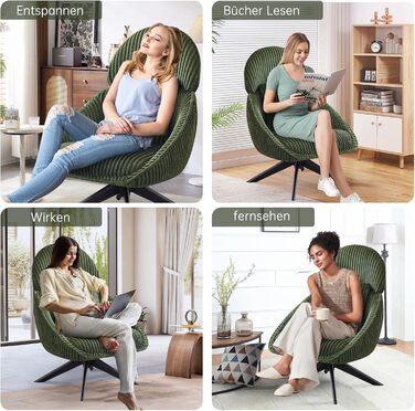 Крісло-шезлонг, крісло для вітальні, поворотне на 360, крісло з відкидною спинкою, м&39яке крісло з товстою знімною декоративною подушкою, крісло-реклайнер/крісло для читання для вітальні, спальні, офісу, зелене