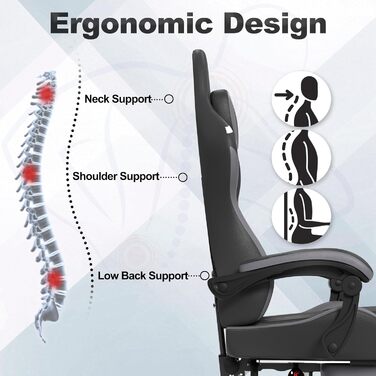 Ігрове крісло Froadp з масажем, підставкою для ніг та підголівником, ергономічне ігрове крісло з масажною поперековою подушкою, регульована спинка 90-135, шкіра штучна - чорний, сірий та білий