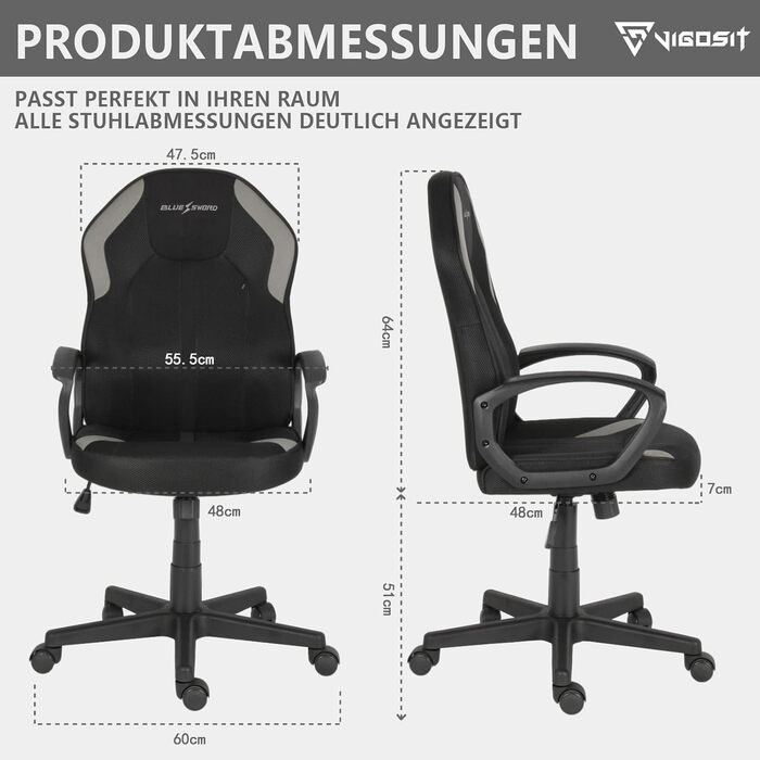 Ергономічне офісне крісло сітка та технічна тканина, регульоване по висоті, поворотне, плавний нахил, поперекова підтримка, робоче крісло для дому або офісу, чорне, важке