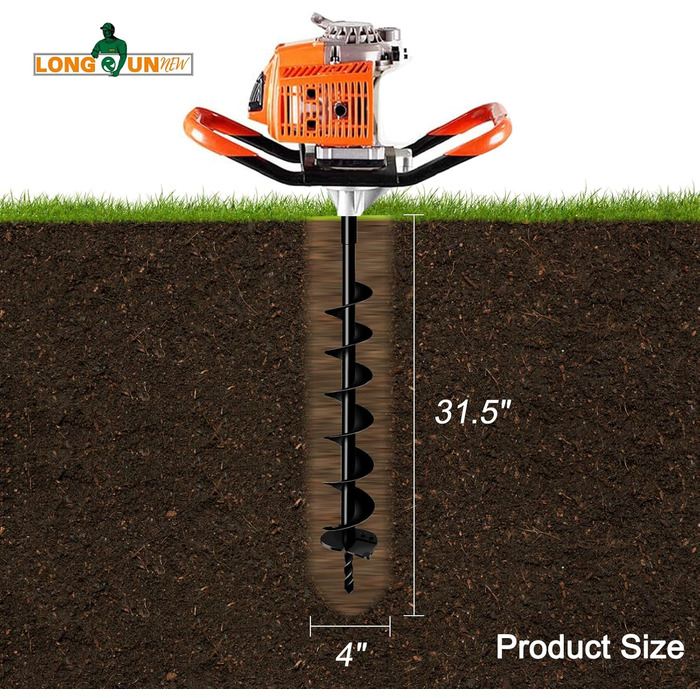 Садовий бурильник для стовпів, 4 фути, ручний, з гострими міцними лопатями, 31,5 дюйми для швидкої посадки цибулин, розсади та встановлення стовпів (діаметр 10 см)