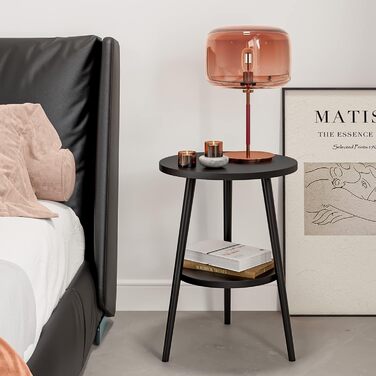 Журнальний столик KZOBYD з 2 полицями, круглий журнальний столик з місцем для зберігання, 2-ярусний диванний столик з круглими полицями, дерев&39яна тумбочка зі сталевим каркасом, 38 x 55 см (без зарядної станції, чорний) Чорний без зарядної станції