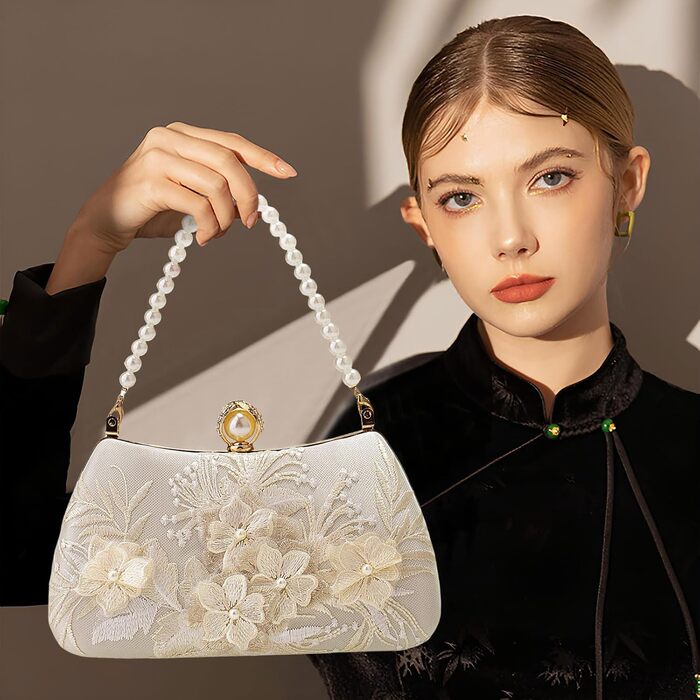 Жіноча сумочка з перлами та квітковою мереживною вишивкою, сатин, елегантна ручна сумочка з верхньою ручкою, зі знімним ланцюжком, для весілля, дівич-вечора, випускного, білого кольору