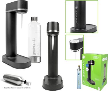 Виробник газованої води greensoda (чорний) - екологічна газована вода без пластику - повний пакет, включаючи балон CO2 та 1 літрову ПЕТ-пляшку
