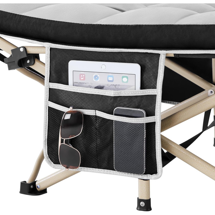 Розкладне кемпінгове ліжко Yaheetech з матрацом, гостьове ліжко з сумкою для перенесення та бічною кишенею, 191 x 67 см, садовий шезлонг, вантажопідйомність до 150 кг, сірий матрац чорний каркас ліжка