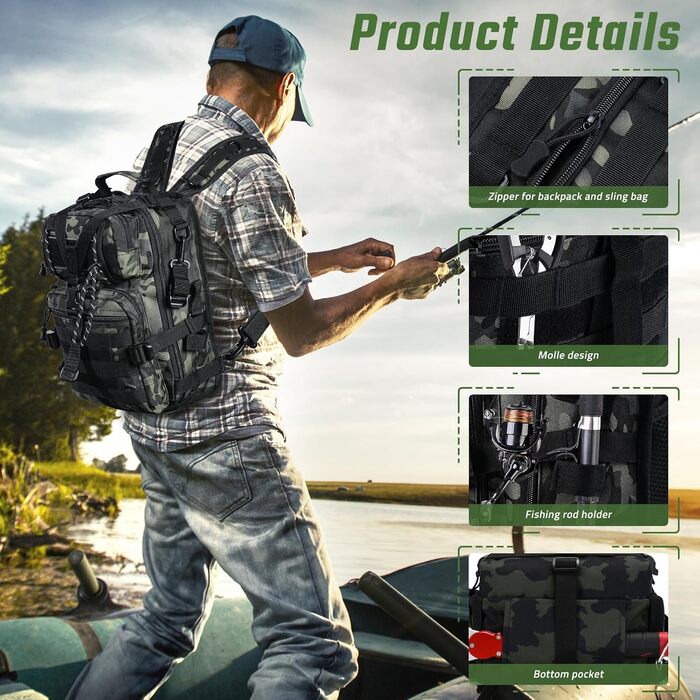 Рибальська сумка Aceshop, водонепроникний рюкзак для рибальських снастей Рибальський рюкзак Військова сумка через плече Molle Fishing Bag Тактичний туристичний рюкзак Багатофункціональний військовий рюкзак для риболовлі Похідний камуфляж