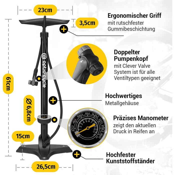 Велосипедний насос Optio Cycle, підлоговий, 61 см, 11 бар / 160 PSI, сталь/пластик, чорний