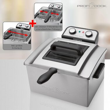 Подвійна фритюрниця ProfiCook Фритюрниця з 2 маленькими та 1 великим кошиком Подвійна фритюрниця з технологією холодної зони Фритюрниця ємністю 5 л і знімним контейнером з нержавіючої сталі ПК-ФР 1038