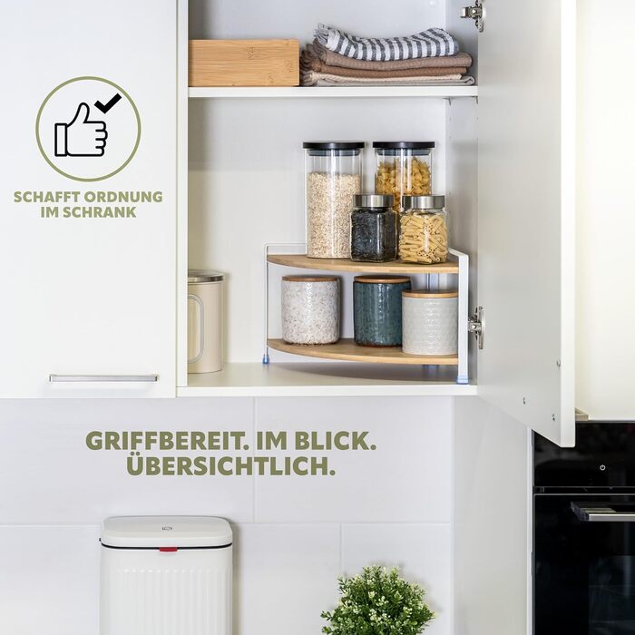 Кутова полиця для спецій eluno з бамбуковими полицями та захистом від подряпин, окремостояча кутова полиця для кухні, універсальний органайзер для більшого простору та порядку - комбінація матеріалів бамбук та метал (білий) білий