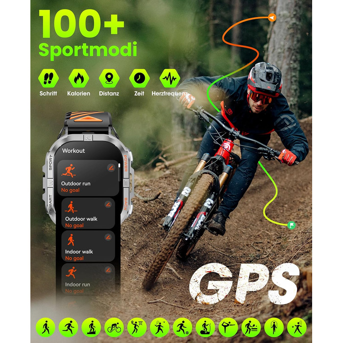 Розумний годинник для чоловіків, 2,13-дюймовий AMOLED чоловічий військовий розумний годинник, світлодіодний ліхтарик, компас, понад 100 спортивних режимів, фітнес-годинник, акумулятор 580 мАг, Bluetooth-дзвінки для iOS та Android (чорний)