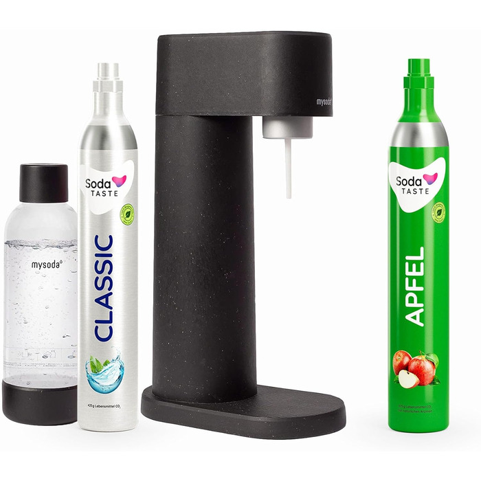 Економ-пакет Mysoda Woody - поновлювана деревна композитна содова машина з пластиковою пляшкою без BPA об'ємом 1 л, класичним балоном CO2 балоном Apple CO2 (чорний)
