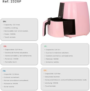 Аерофритюрниця 3.8 л Безмасляна фритюрниця 1450 Вт Аерофритюрниця Аерофритюрниця Аерофритюрниця Здорова кулінарія Світлодіодний сенсорний екран Енергозбереження (Рожевий)
