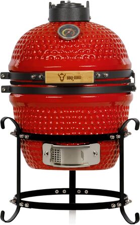 Вугільний гриль Haiiro Ø 32 см з термометром, дерев'яна ручка червоний керамічний гриль Kamado, міні-гриль на вугіллі, міні-гриль