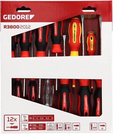 Набір викруток GEDORE red 12 предметів (VDE), плоскі та хрестоподібні, з індикатором напруги, інструмент R38002012