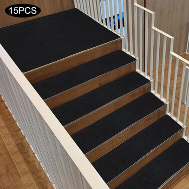 Комплект із 15 фетрових сходинок, 60x12 см, самоклеючі, чорні, нековзні, шумопоглинаючі для використання всередині приміщень, безпечні для дітей та домашніх тварин, килимове покриття для сходів