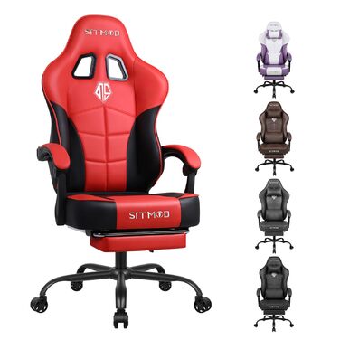 Офісне крісло SITMOD Ігрове крісло, велике ПК-крісло з регулюванням висоти, поворотне, ергономічне ігрове крісло зі штучної шкіри з підніжкою та поперековою опорою, поворотні робочі крісла на 360 - червоне