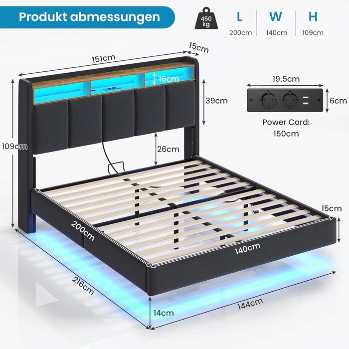 М&39яке ліжко 140x200 см, плаваюче ліжко зі світлодіодним освітленням, узголів&39ям та зарядною станцією (2 розетки змінного струму, 2 USB-порти), ліжко 140x200 з місцем для зберігання речей, сучасне двоспальне ліжко з рейковою основою, льон, сірий колір,