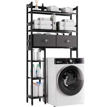 Полиця для зберігання над туалетом, 6-ярусний бамбуковий органайзер для великої ванної кімнати з боковими полицями та 2 шухлядами, міцна окремостояча полиця для економії місця у ванній кімнаті, пральня (чорна)