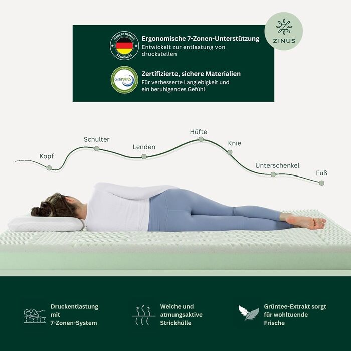 Матрац Zinus 140x200 см H3 - Збагачений зеленим чаєм для тривалої свіжості - Висота 15 см - Ергономічний матрац з холодної піни - Сертифікований Oeko-TEX - Виготовлено за німецькими стандартами 140 x 200 см Висота 15 см Холодний гель