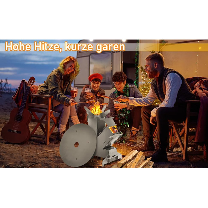 Ракетна піч із пластиною для гриля, гачком для вогню та 2 додатковими ніжками. Кемпінгова піч виготовлена з міцної сталі товщиною 3 мм. Кемпінгова піч, дров&39яна піч, ракетна піч, для використання на відкритому повітрі.