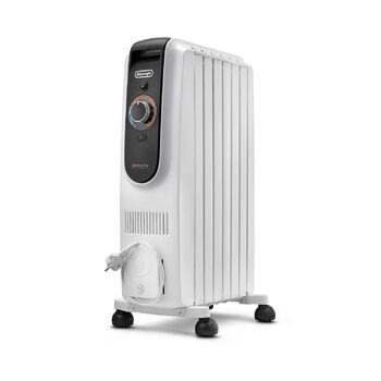 Масляний обігрівач De'Longhi Dragon EasyTronic (TRD50615) для приміщень до 45 м, електрообігрів з термостатом безпеки, 6 секцій, 12 рівнів температури, портативний, 1500 Вт, білий