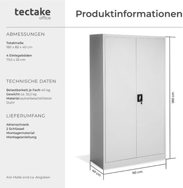 Картотечна шафа tectake, офісна шафа, що замикається, багатоцільова сталева шафа, універсальна шафа з 2 дверима, включаючи 3 полиці з регульованою висотою, картотечна шафа, що замикається, 180x80x40 см - сіра