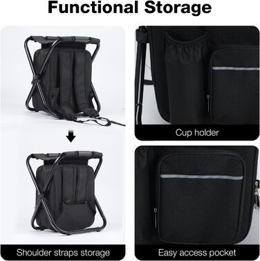 Компактний кемпінговий стілець зі знімною сумкою-холодильником об&39ємом 15 л, легке сидіння-рюкзак зі складною рамою, міцний складаний стілець для риболовлі, пікніків, трекінгу, полювання, походів, чорний