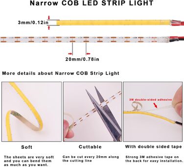 Світлодіодна стрічка TOPAI 12V COB 5M тепла біла, вузька світлодіодна стрічка шириною 3 мм 3000K Самоклеюча 384 світлодіоди/м CRI90, неводонепроникний гнучкий ріжучий стіл для прикраси домашньої кухні своїми руками Теплий білий колір шириною 3 мм