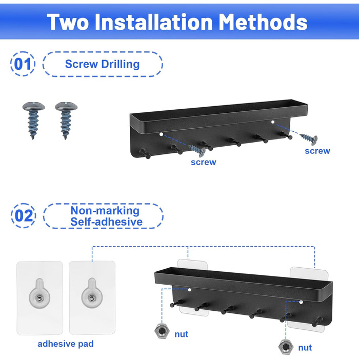 Тримач для ключів Royouzi, дошка для ключів, планка для ключів, підставка для ключів з полицею і 6 гачками, самоклеюча як дошка дл