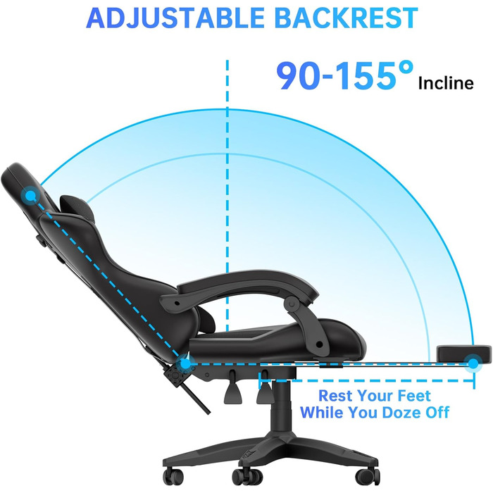 Геймерське крісло з висувною підставкою для ніг та регульованою поперековою опорою, ергономічне комп&39ютерне крісло з синтетичної шкіри з можливістю нахилу 90-155, офісне крісло з піни з ефектом пам&39яті та подушкою для шиї (чорне)
