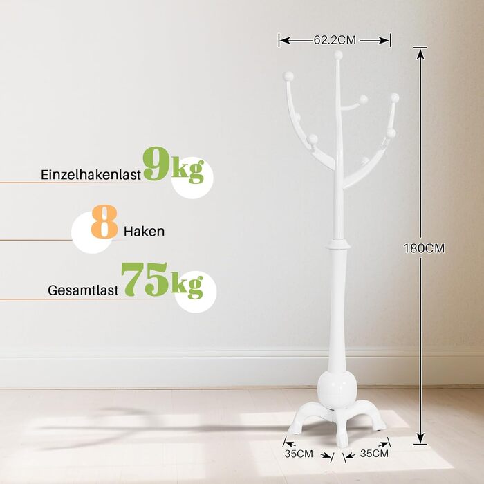 Вішалка для одягу Bekrvio, окремостояча вішалка для одягу з масиву дерева з 8 гачками, деревоподібний дизайн, ялинка зі стійкою кульковою основою, вантажопідйомність до 75 кг, для коридору, вхідної зони, спальня білого кольору 062